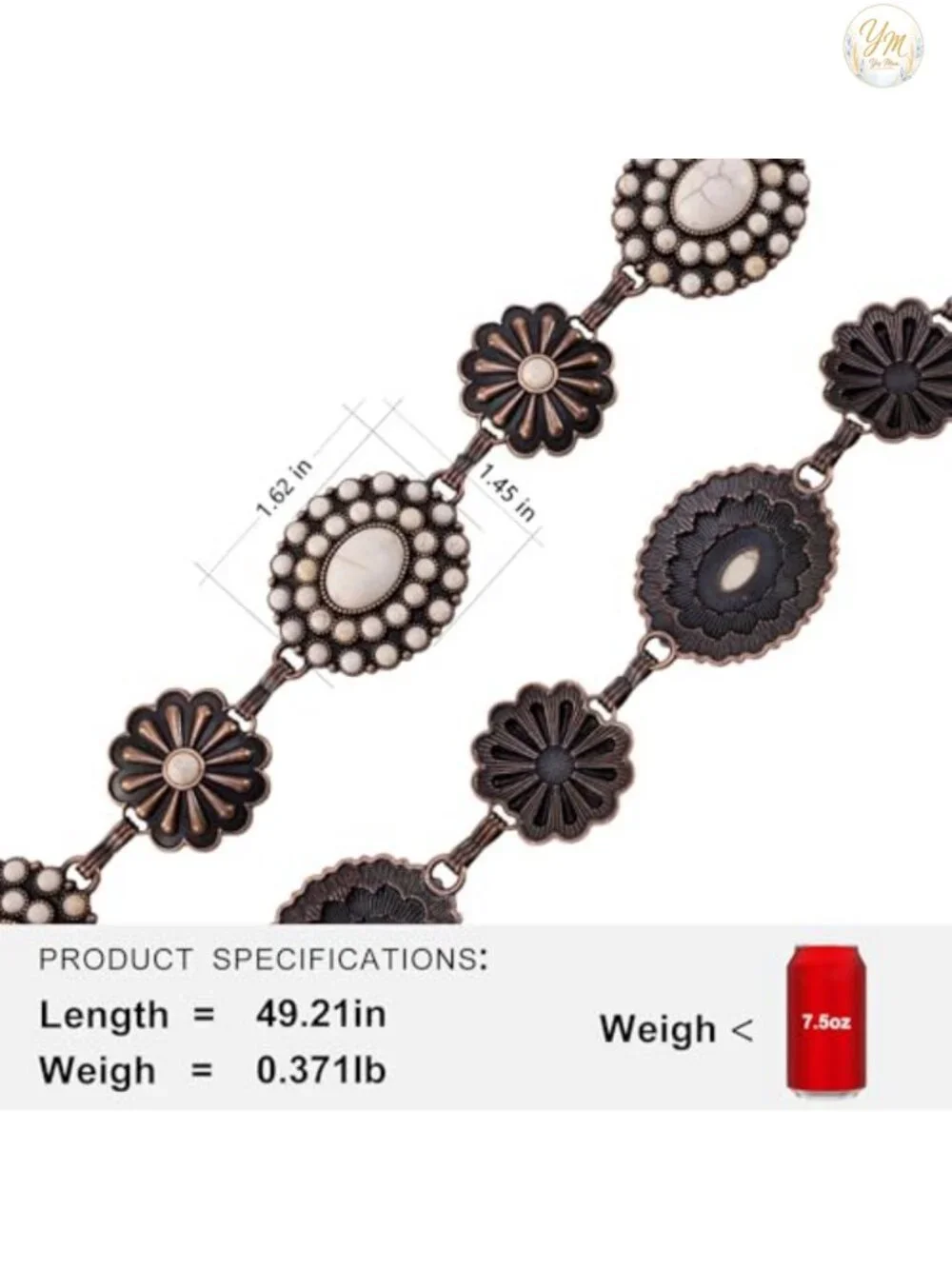 Vintage Western Concho Chain Belt Adjustable Alloy Turquoise